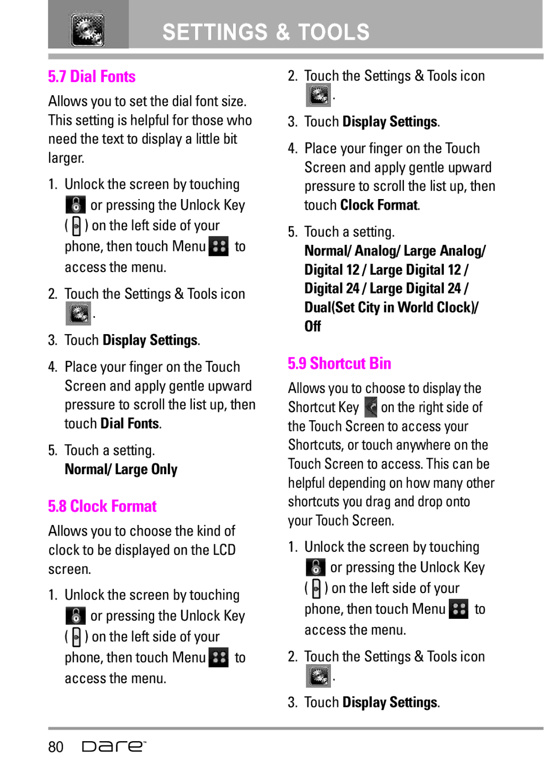 LG Electronics Dare manual Dial Fonts, Clock Format, Shortcut Bin, Normal/ Large Only 