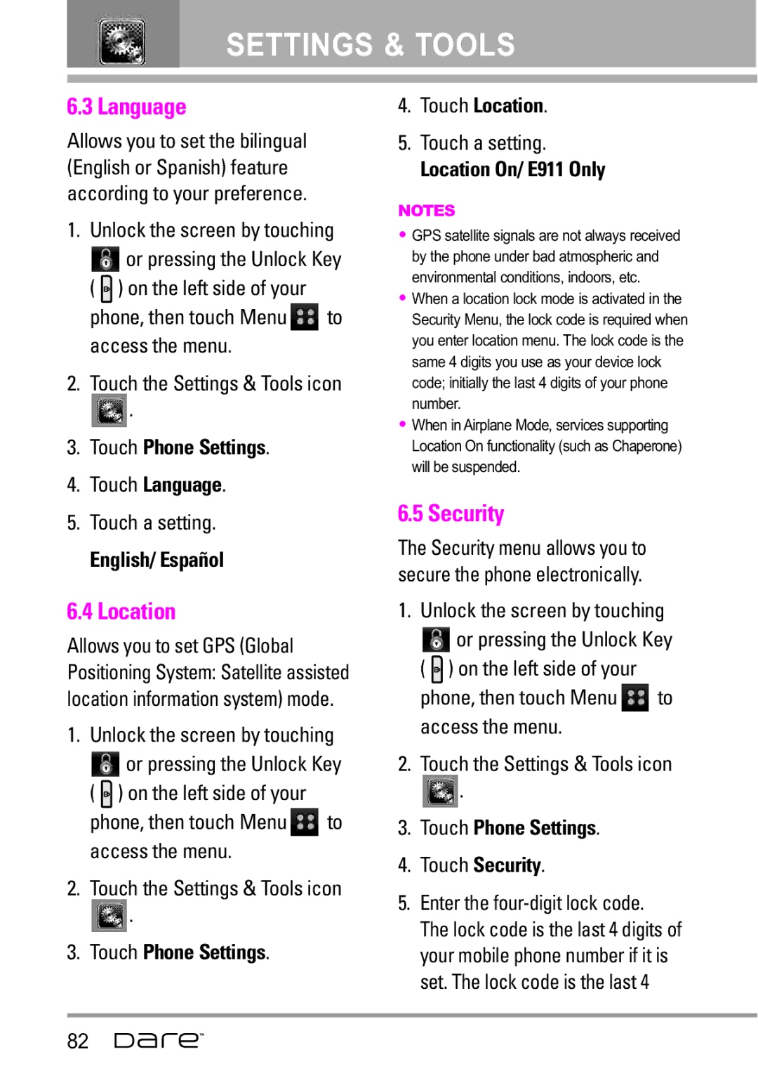 LG Electronics Dare manual Language, Location, Security 