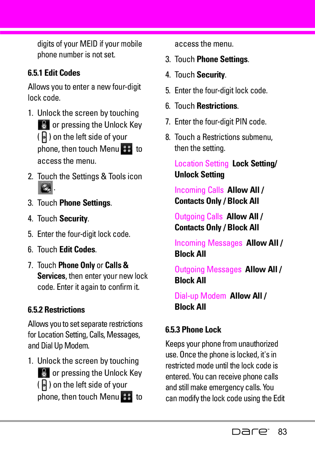 LG Electronics Dare manual Touch Edit Codes, Touch Restrictions, Unlock Setting, Contacts Only / Block All 