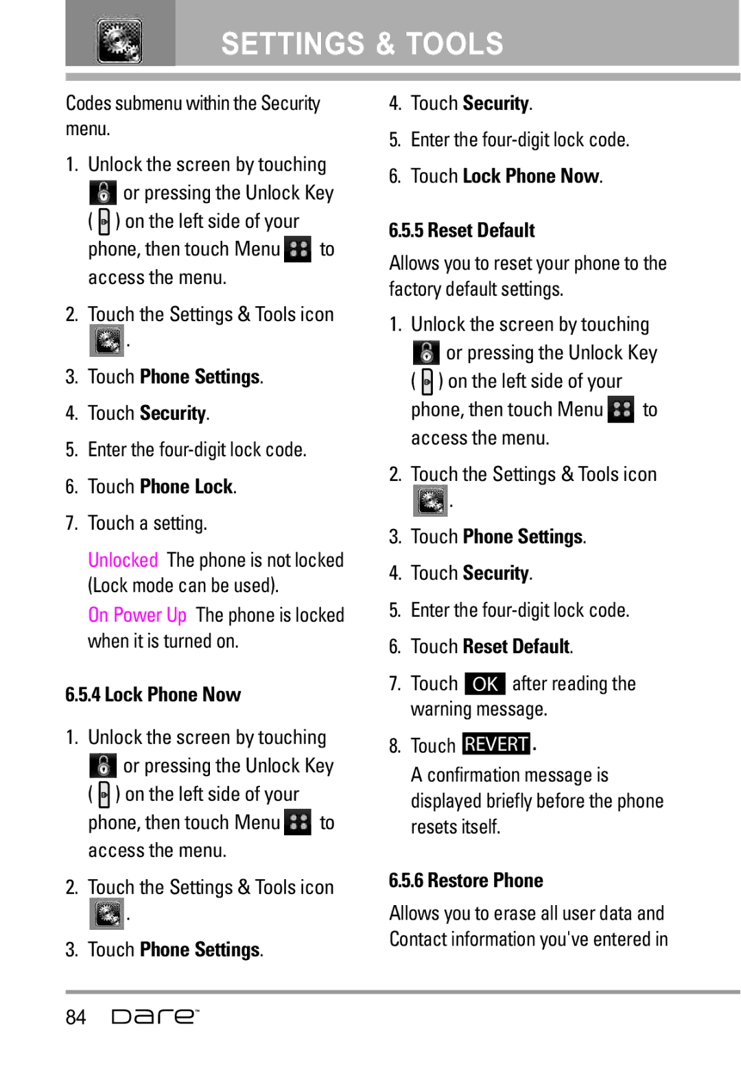 LG Electronics Dare manual Touch Phone Lock, Touch Lock Phone Now Reset Default, Touch Reset Default, Restore Phone 