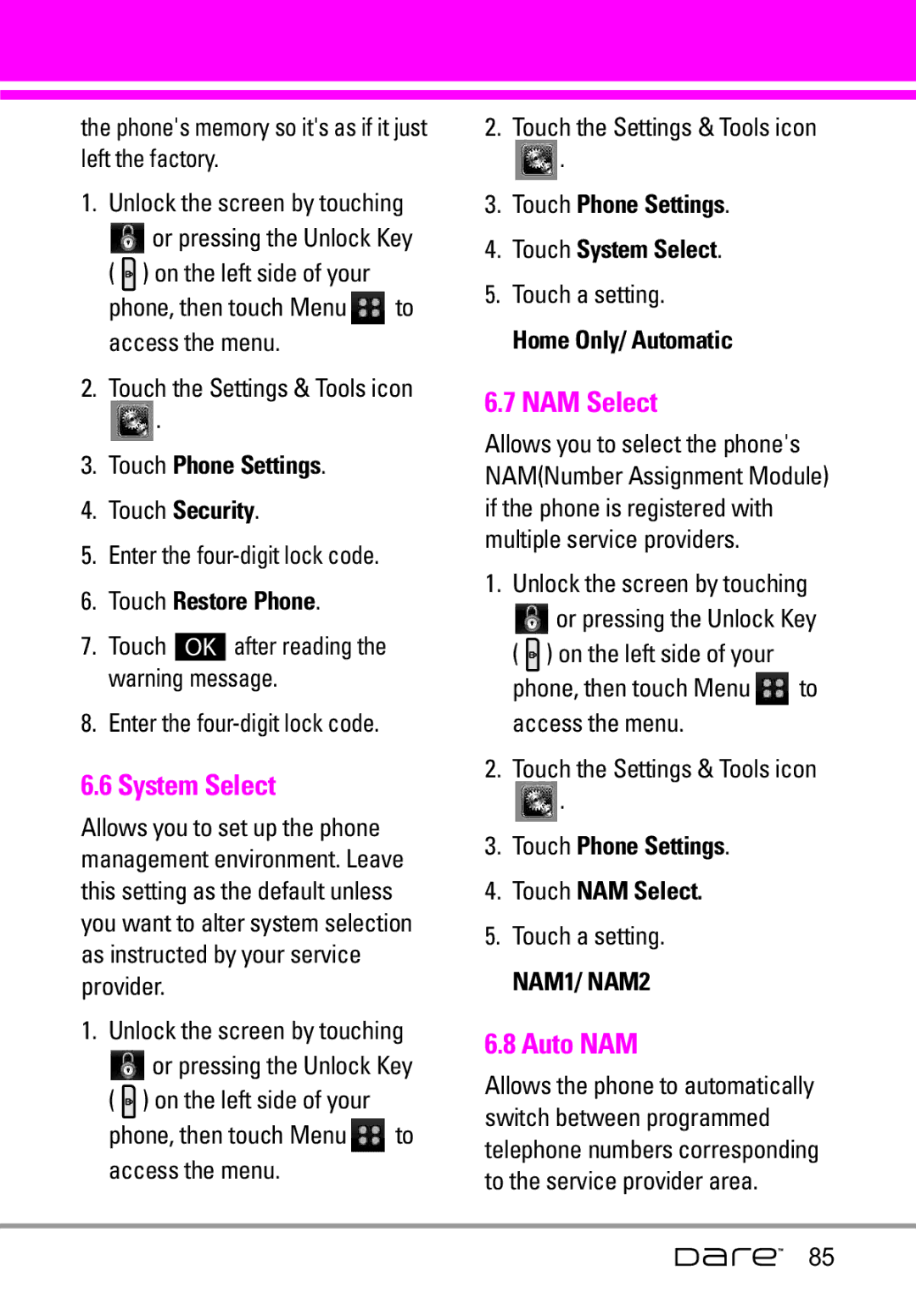 LG Electronics Dare manual System Select, NAM Select, Auto NAM 