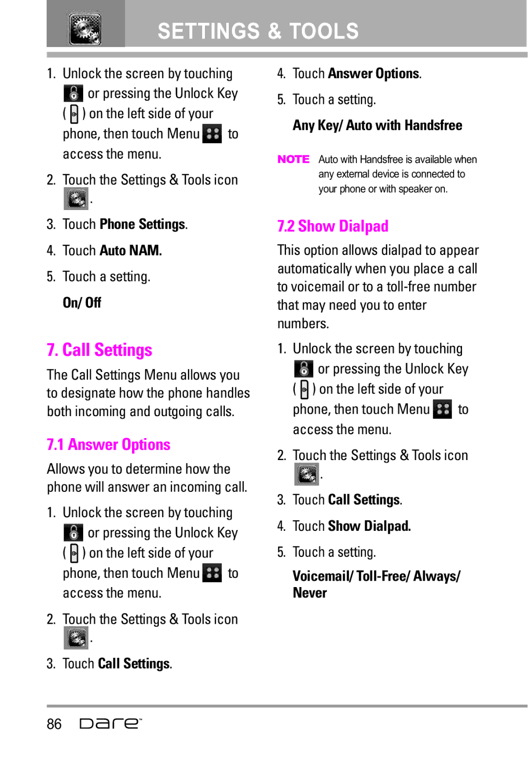 LG Electronics Dare manual Call Settings, Answer Options, Show Dialpad 