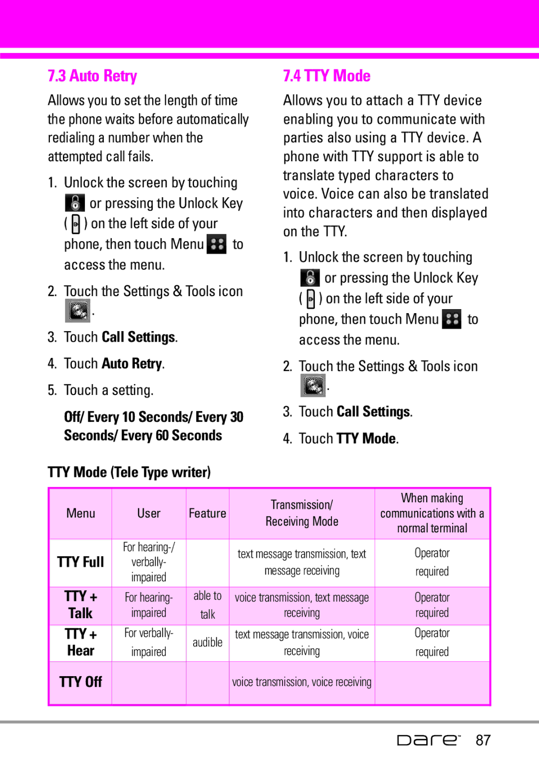 LG Electronics Dare manual Touch Call Settings Touch Auto Retry, TTY Mode Tele Type writer 