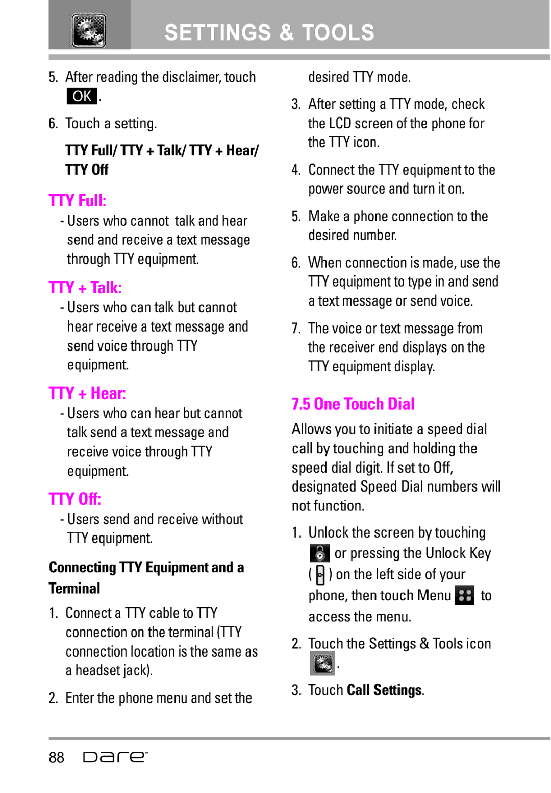 LG Electronics Dare manual TTY Full, TTY + Talk, TTY + Hear, TTY Off, One Touch Dial 