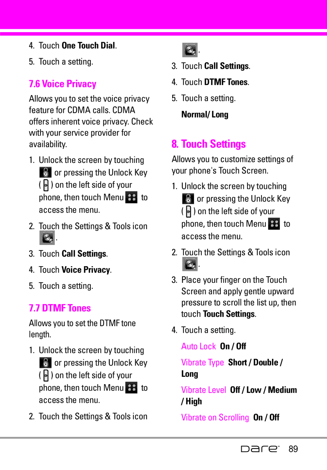 LG Electronics Dare manual Touch Settings, Voice Privacy, Dtmf Tones 