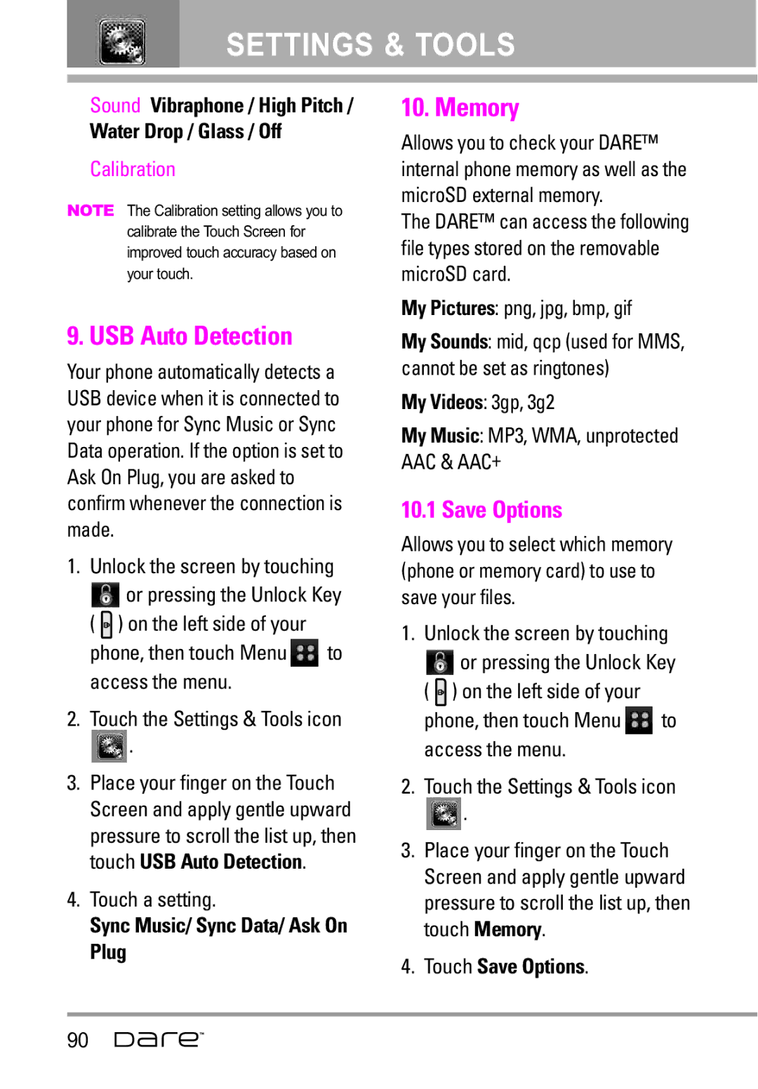 LG Electronics Dare manual USB Auto Detection, Memory, Save Options 