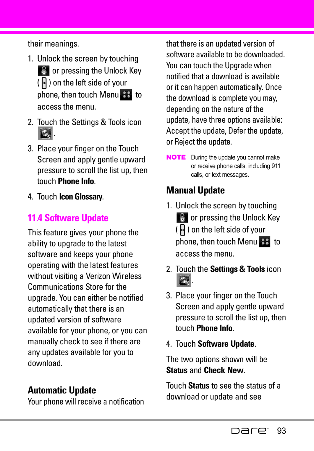 LG Electronics Dare manual Software Update, Their meanings Unlock the screen by touching, Touch the Settings & Tools icon 