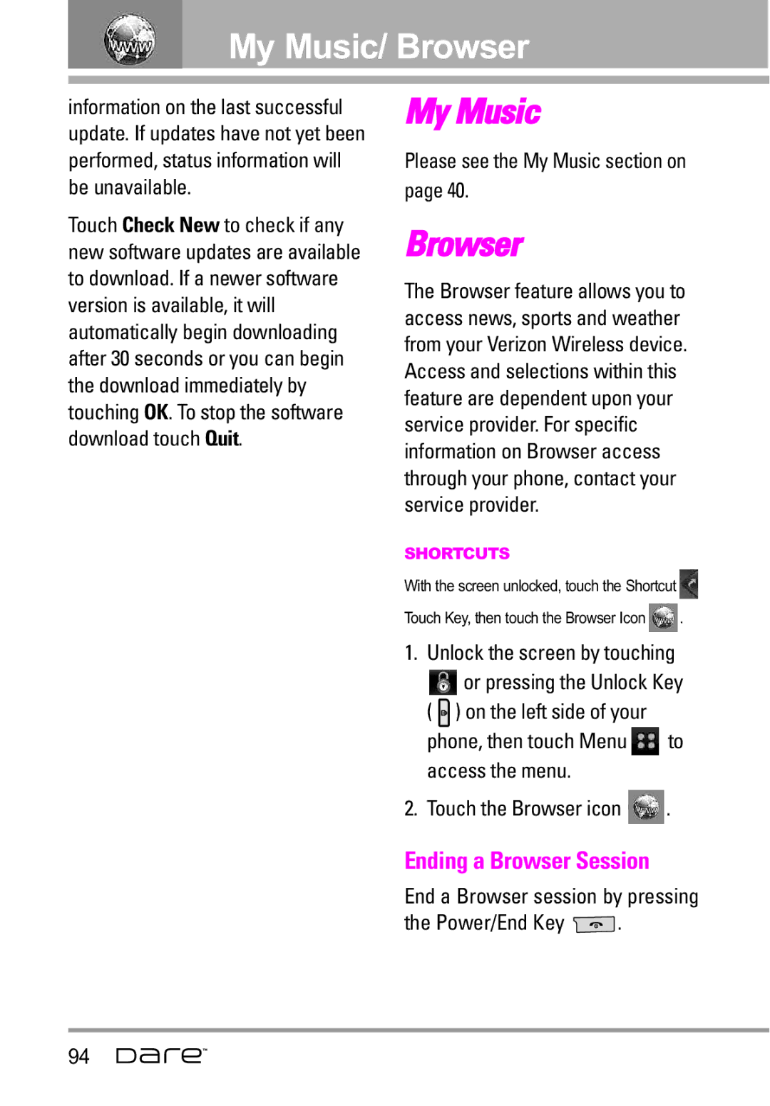LG Electronics Dare manual Ending a Browser Session, Please see the My Music section on 