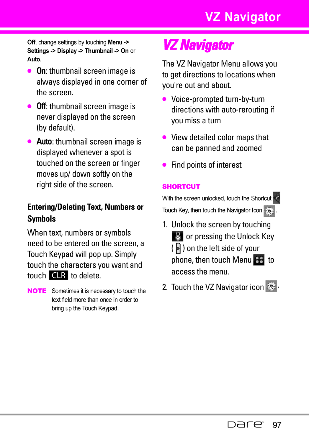 LG Electronics Dare manual VZ Navigator, Entering/Deleting Text, Numbers or Symbols, Find points of interest 