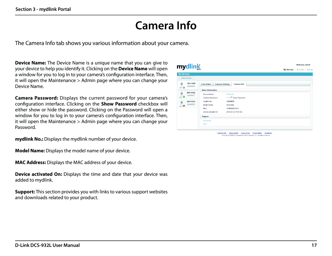 LG Electronics DCS-932L user manual Camera Info 