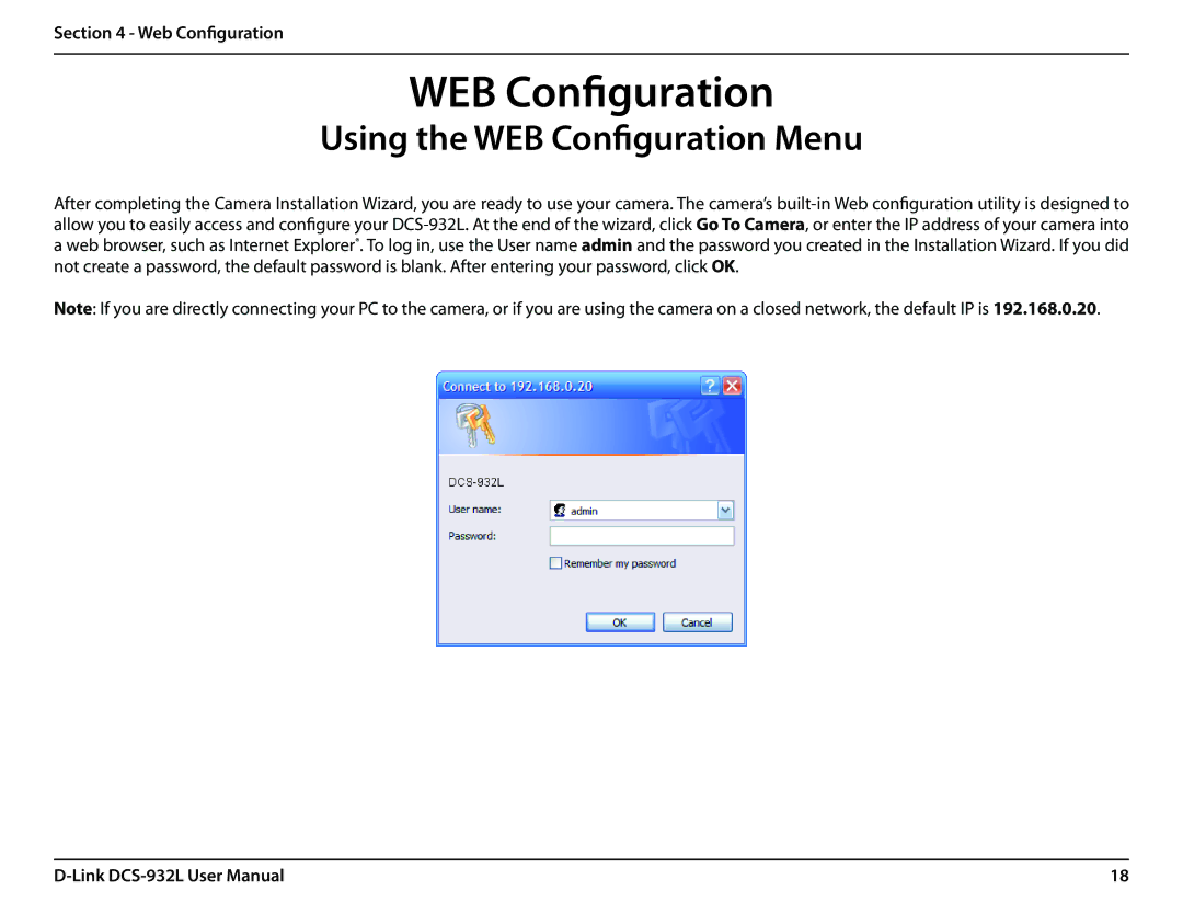 LG Electronics DCS-932L user manual Using the WEB Configuration Menu 