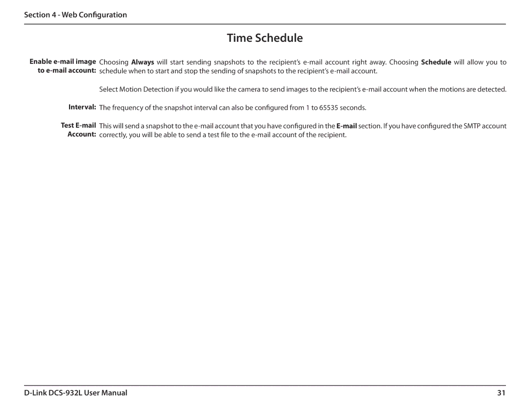 LG Electronics DCS-932L user manual Time Schedule, Interval Test E-mail Account 