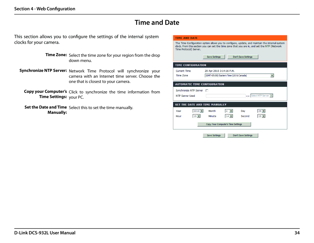 LG Electronics DCS-932L user manual Time and Date, Time Zone 