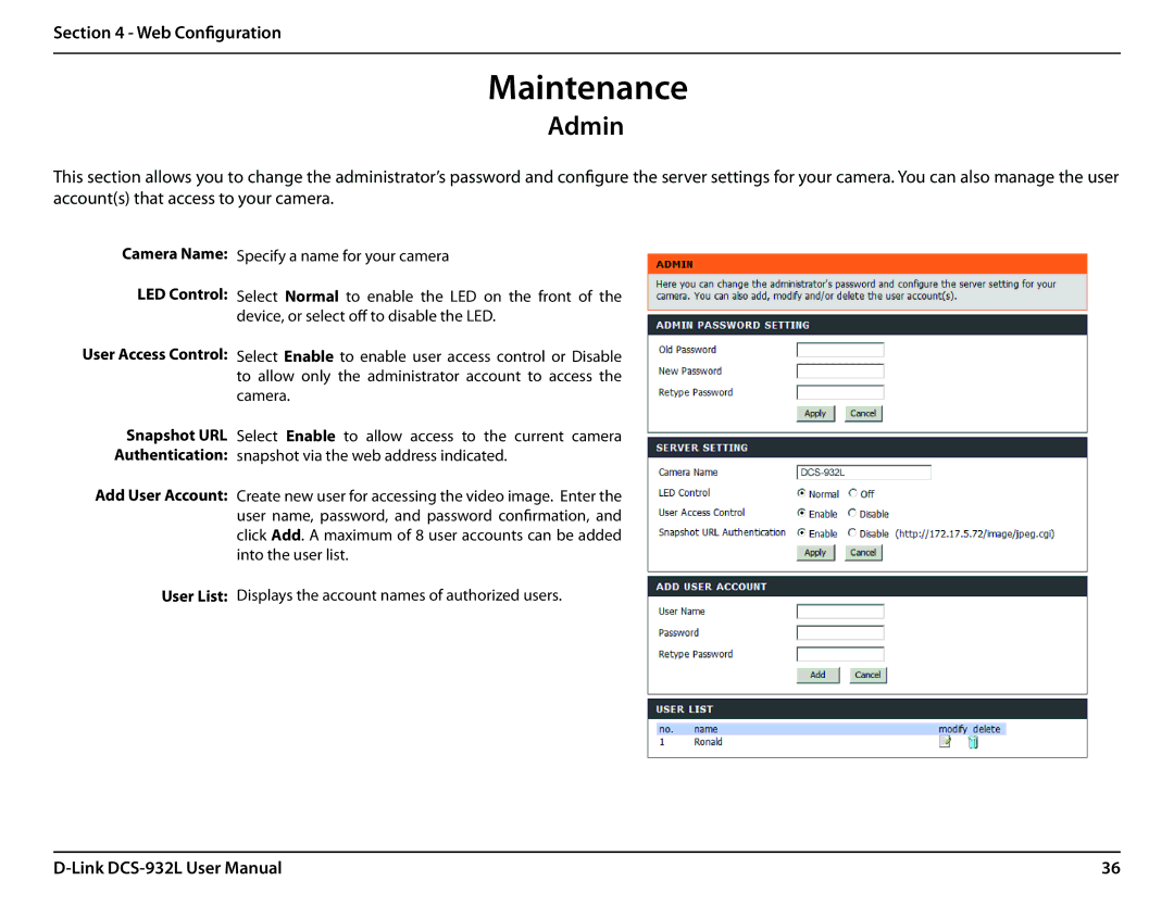 LG Electronics DCS-932L user manual Maintenance, Admin 