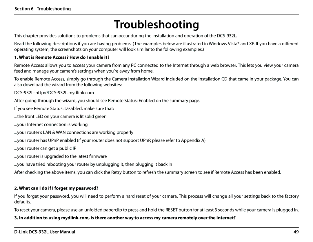 LG Electronics DCS-932L user manual Troubleshooting, What is Remote Access? How do I enable it? 