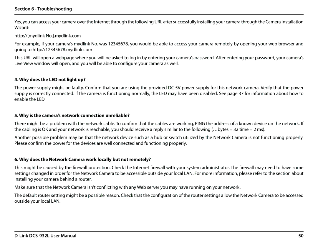 LG Electronics DCS-932L user manual Why does the LED not light up?, Why is the camera’s network connection unreliable? 