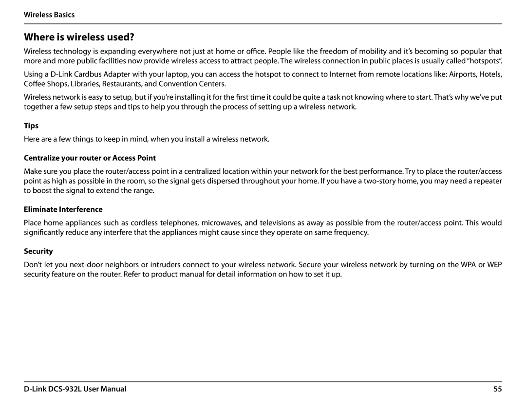 LG Electronics DCS-932L user manual Tips, Centralize your router or Access Point, Eliminate Interference 