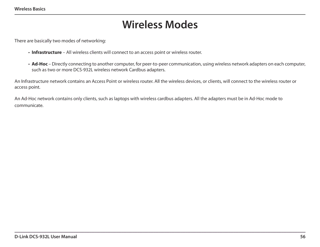 LG Electronics DCS-932L user manual Wireless Modes 