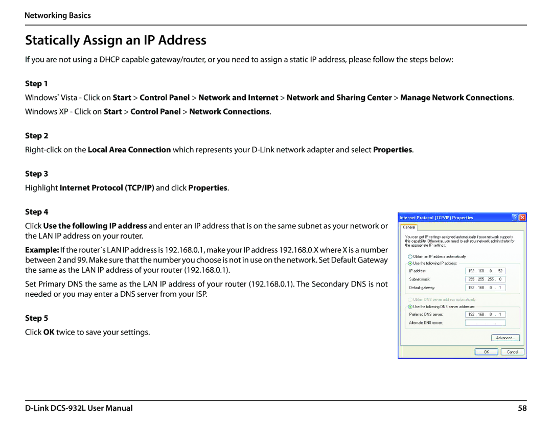 LG Electronics DCS-932L user manual Statically Assign an IP Address 