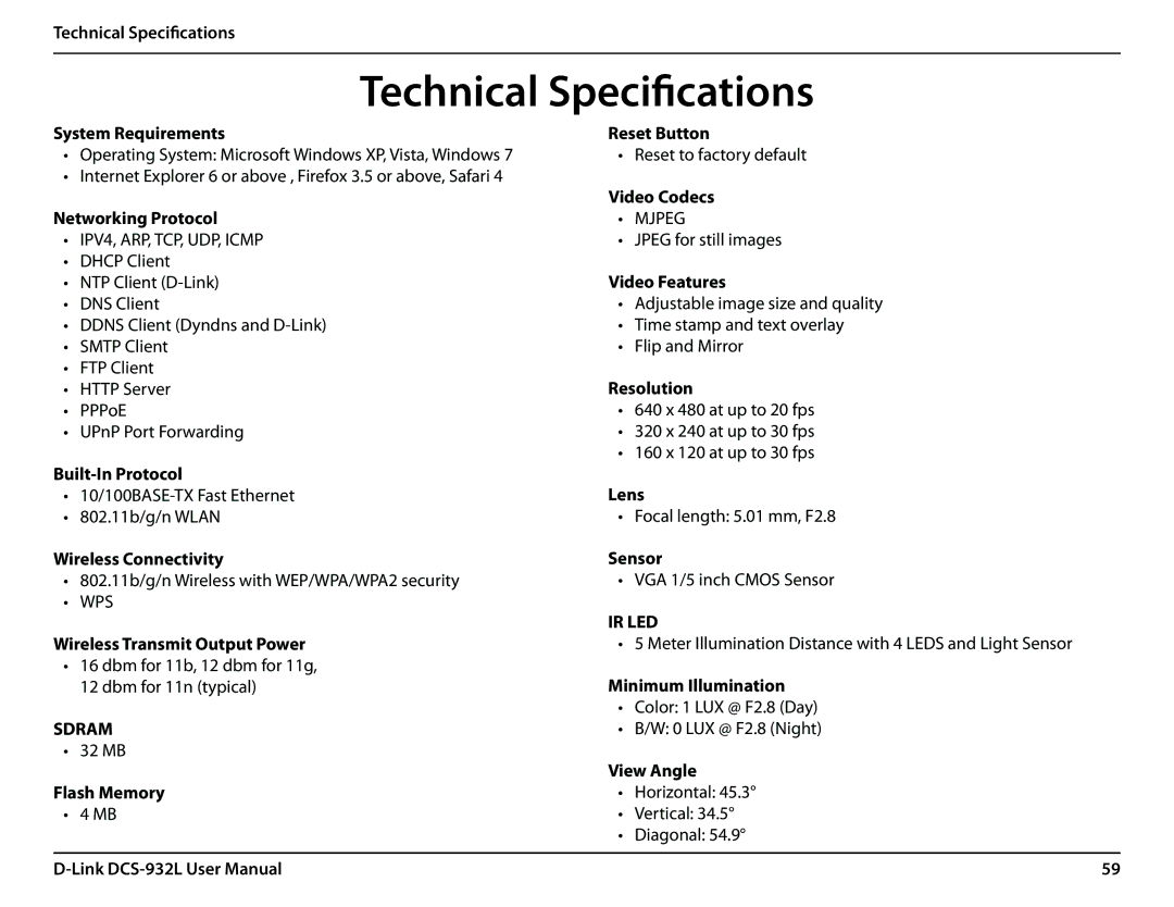 LG Electronics DCS-932L user manual Technical Specifications 