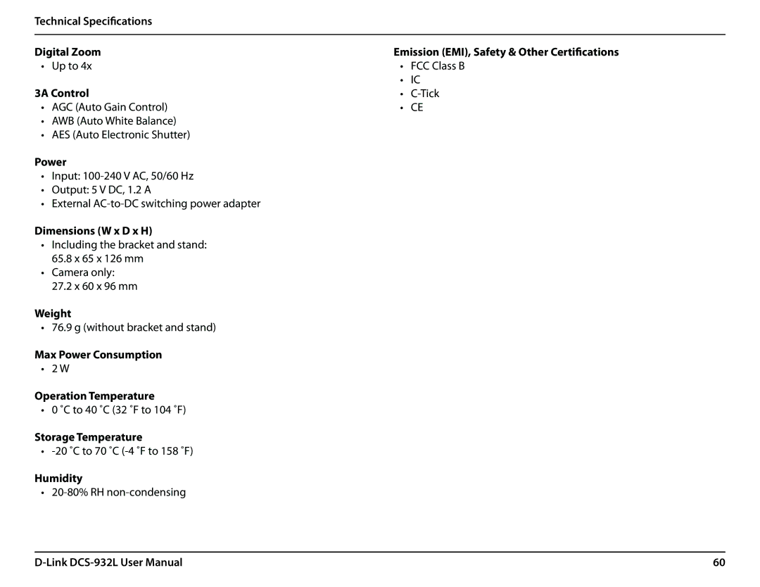 LG Electronics DCS-932L Technical Specifications Digital Zoom, 3A Control, Power, Dimensions W x D x H, Weight, Humidity 