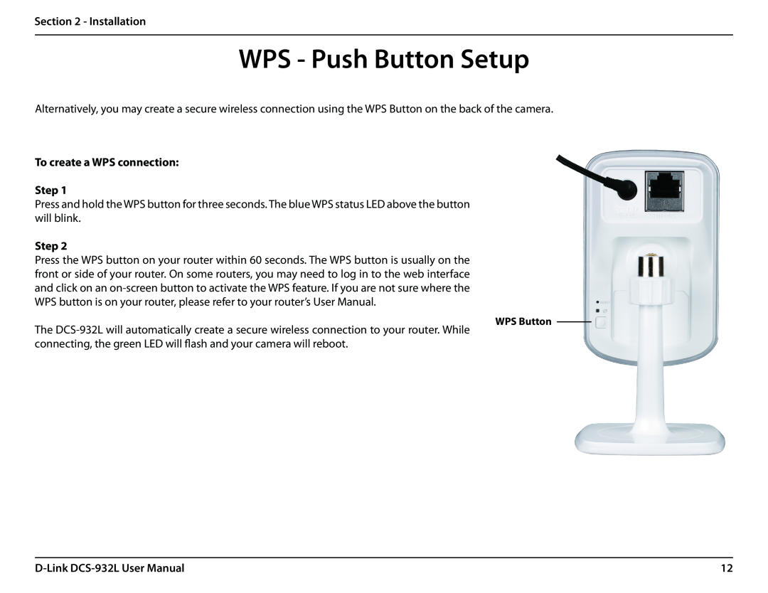 LG Electronics DCS-932L user manual WPS - Push Button Setup, Installation, To create a WPS connection Step 