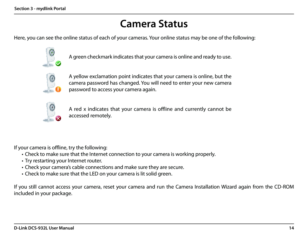 LG Electronics DCS-932L user manual Camera Status 