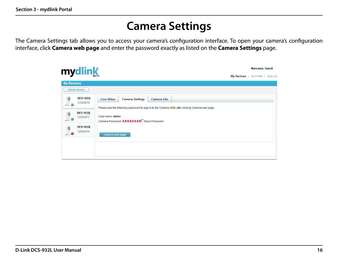 LG Electronics user manual Camera Settings, mydlink Portal, D-Link DCS-932L User Manual 