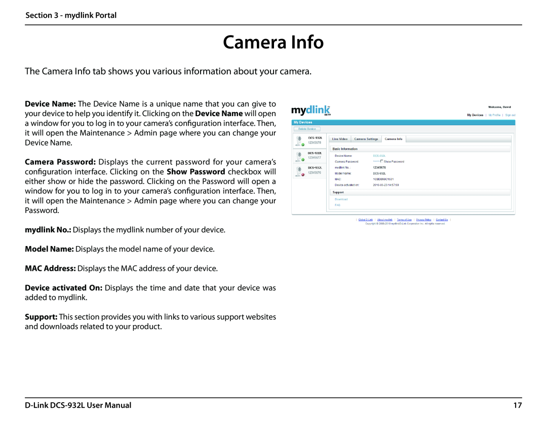 LG Electronics DCS-932L user manual The Camera Info tab shows you various information about your camera, mydlink Portal 