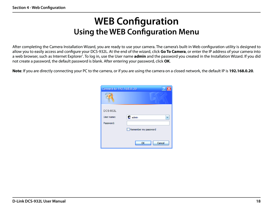 LG Electronics user manual Using the WEB Configuration Menu, Web Configuration, D-Link DCS-932L User Manual 