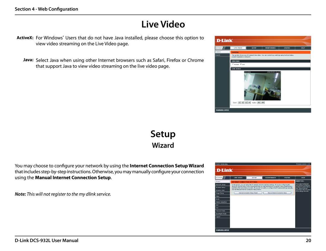 LG Electronics DCS-932L Live Video, Setup, Wizard, Web Configuration, Note This will not register to the my dlink service 