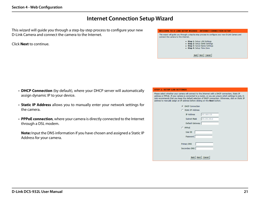 LG Electronics user manual Internet Connection Setup Wizard, Web Configuration, D-Link DCS-932L User Manual 