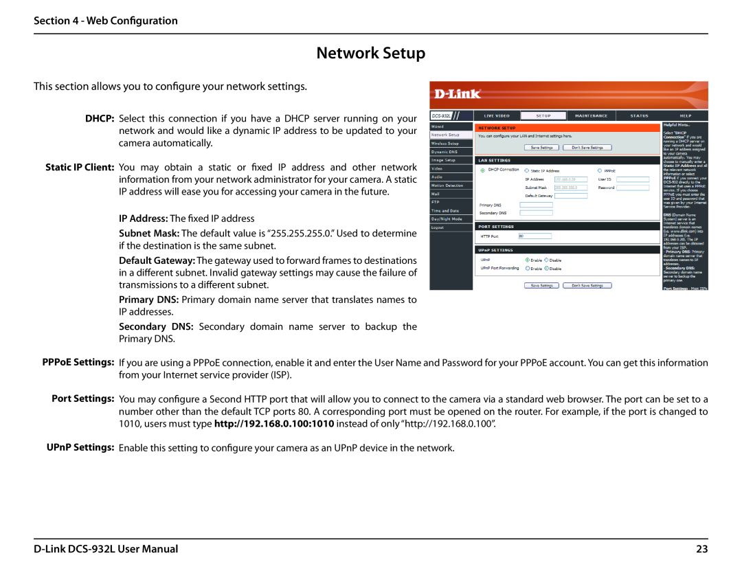LG Electronics DCS-932L Network Setup, Web Configuration, This section allows you to configure your network settings 
