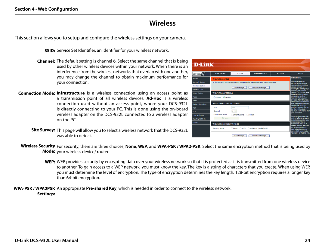 LG Electronics user manual Wireless, Web Configuration, D-Link DCS-932L User Manual, Settings 
