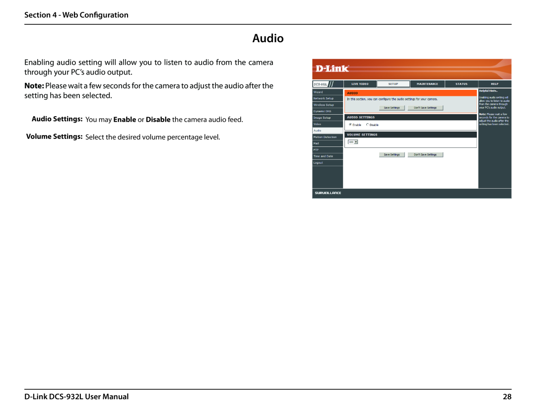 LG Electronics user manual Audio, Web Configuration, D-Link DCS-932L User Manual 