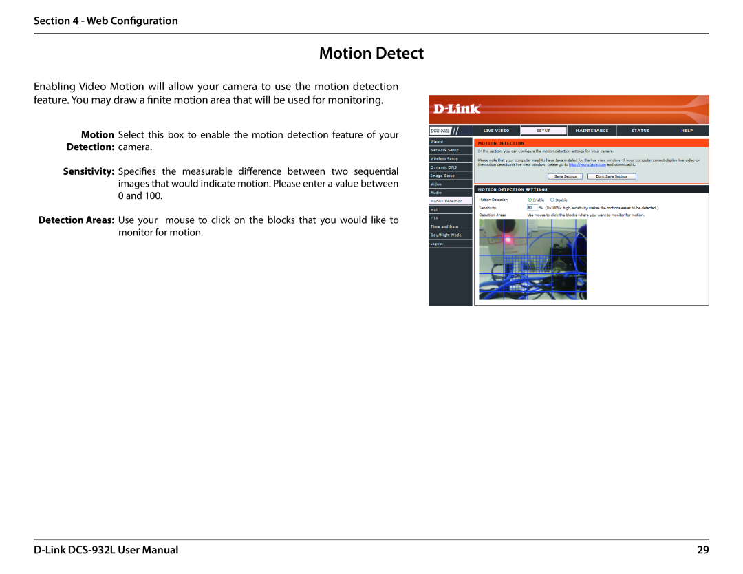 LG Electronics user manual Motion Detect, Web Configuration, D-Link DCS-932L User Manual 