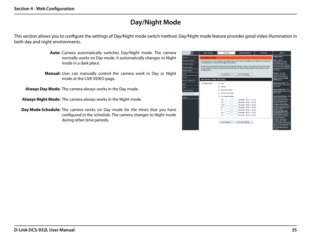 LG Electronics user manual Day/Night Mode, Web Configuration, D-Link DCS-932L User Manual 