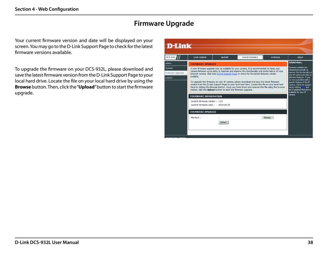 LG Electronics user manual Firmware Upgrade, Web Configuration, D-Link DCS-932L User Manual 