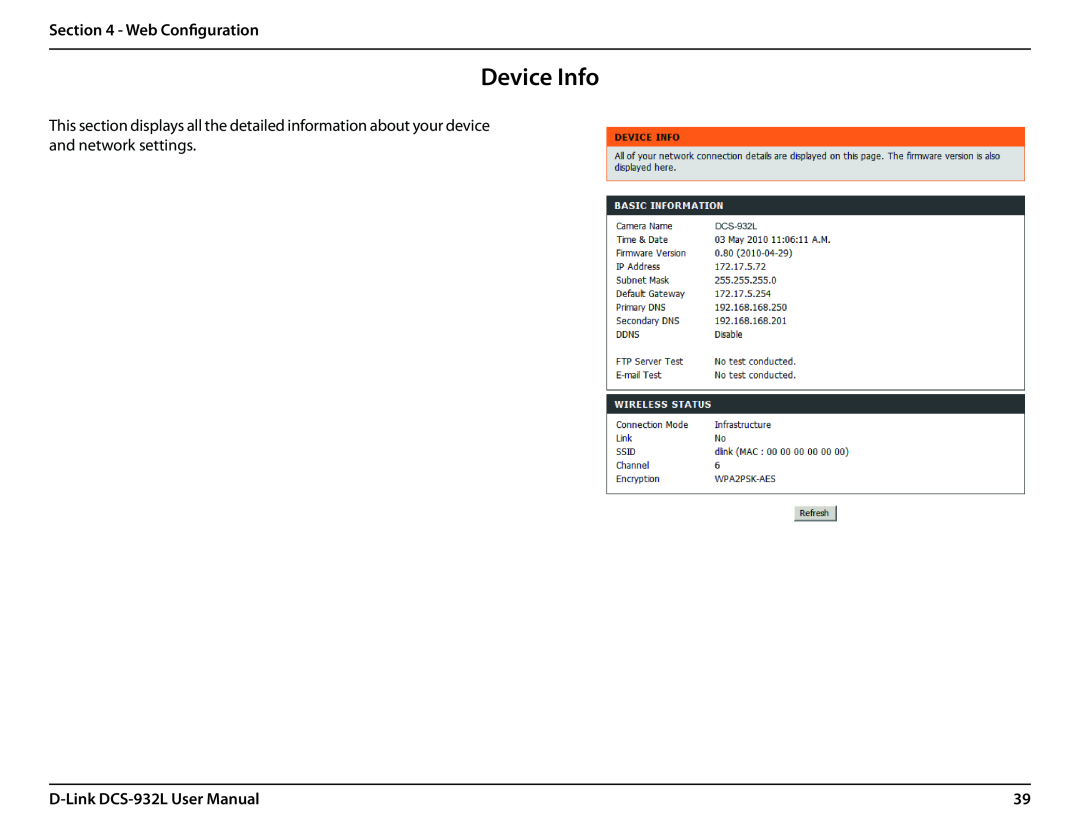 LG Electronics user manual Device Info, Web Configuration, D-Link DCS-932L User Manual 