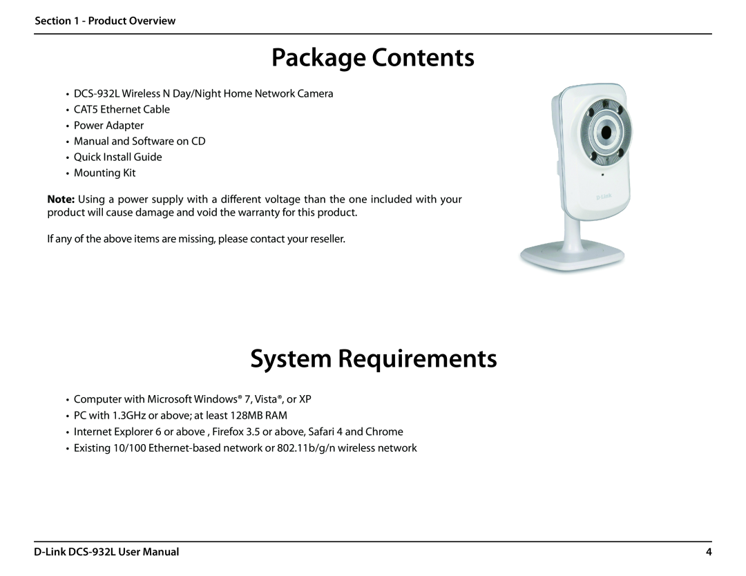 LG Electronics user manual Package Contents, System Requirements, Product Overview, D-Link DCS-932L User Manual 