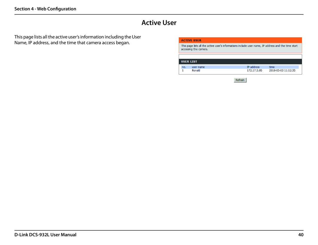 LG Electronics user manual Active User, Web Configuration, D-Link DCS-932L User Manual 