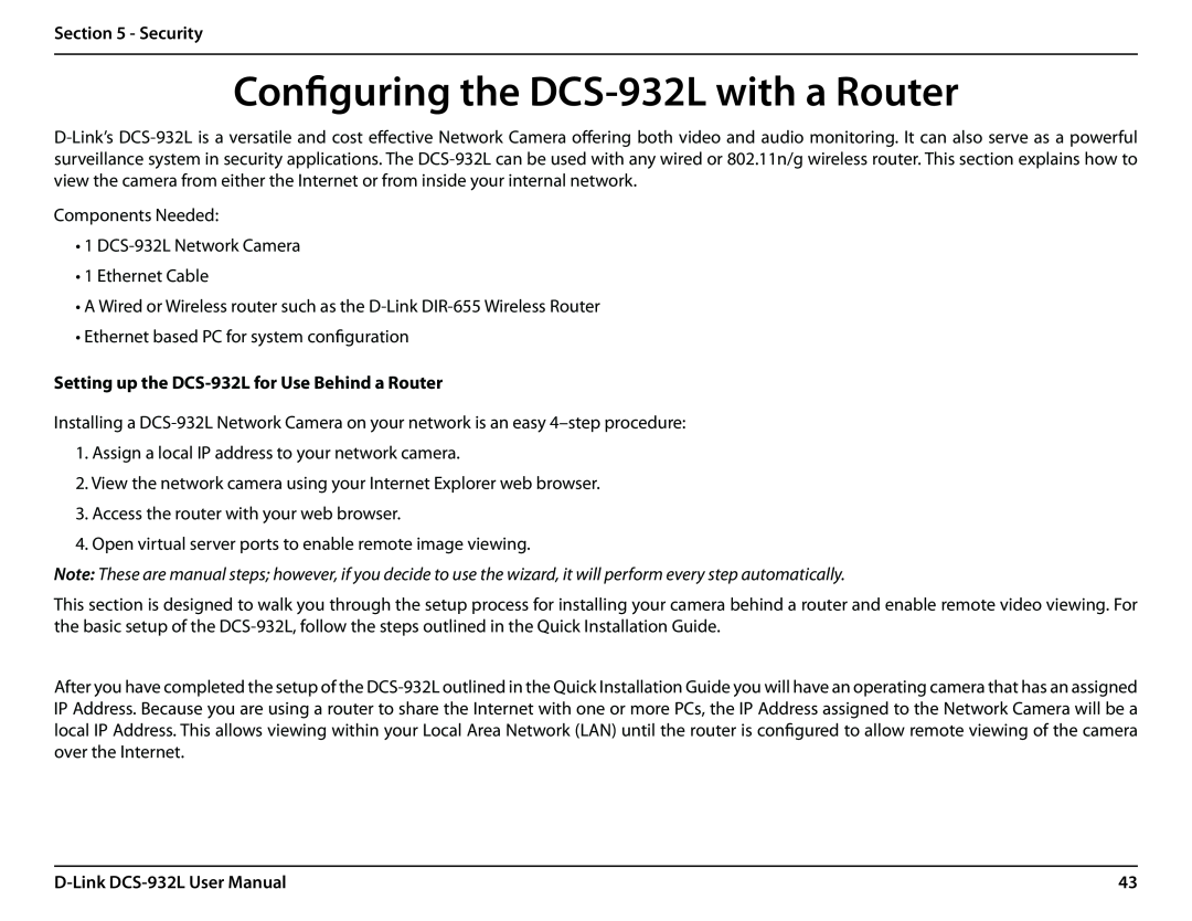 LG Electronics Configuring the DCS-932L with a Router, Security, Setting up the DCS-932L for Use Behind a Router 