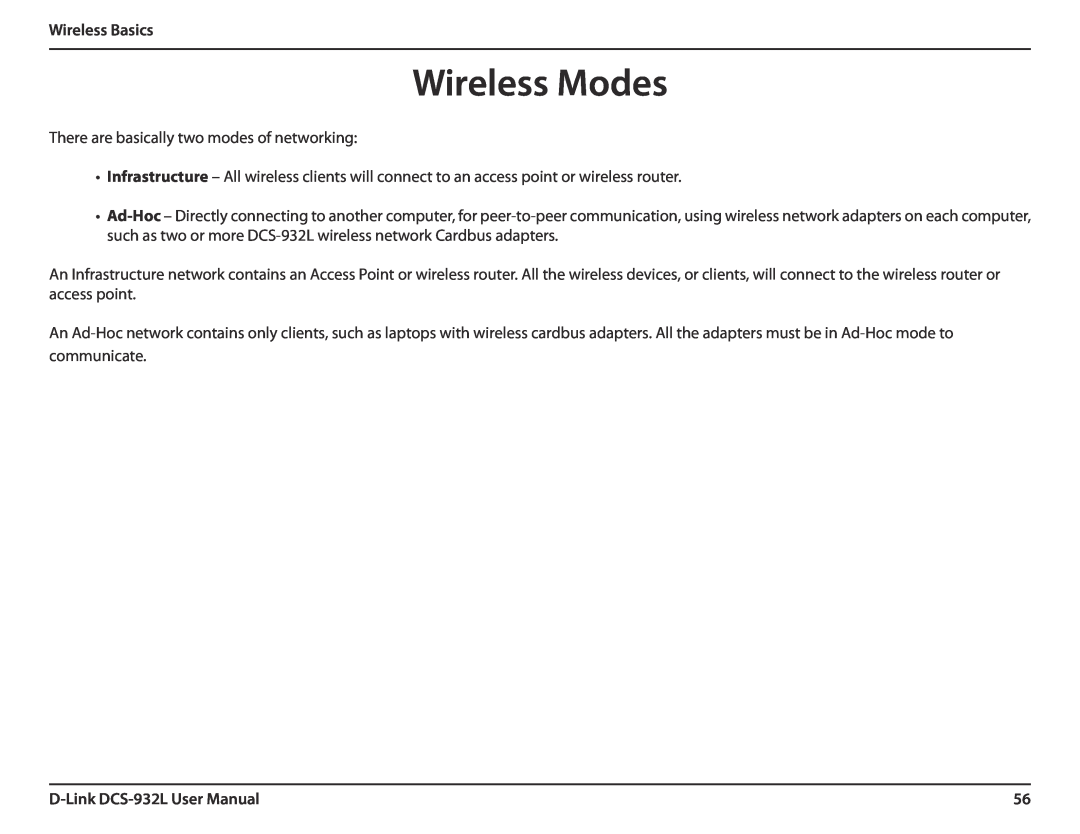 LG Electronics user manual Wireless Modes, Wireless Basics, D-Link DCS-932L User Manual 