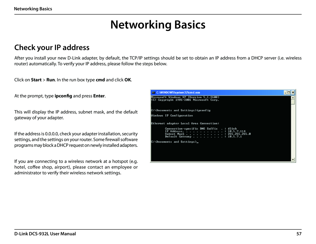 LG Electronics user manual Networking Basics, Check your IP address, D-Link DCS-932L User Manual 
