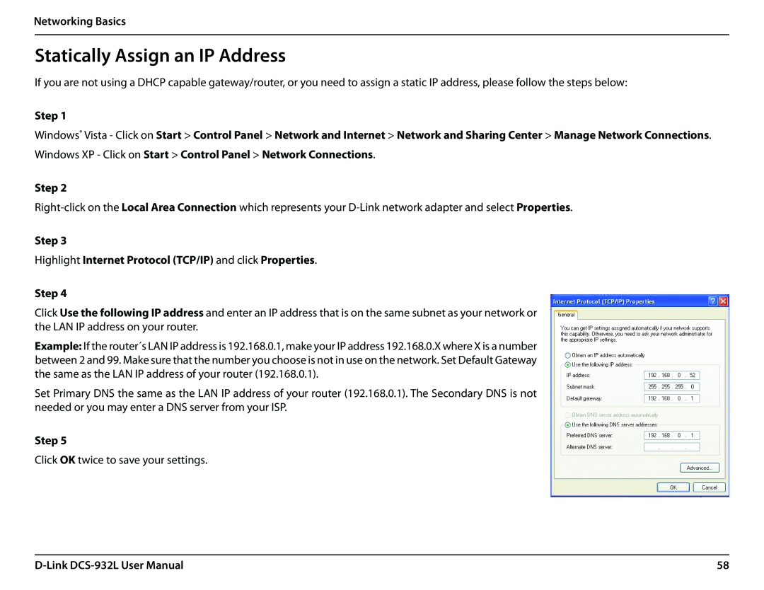 LG Electronics user manual Statically Assign an IP Address, Networking Basics, Step, D-Link DCS-932L User Manual 