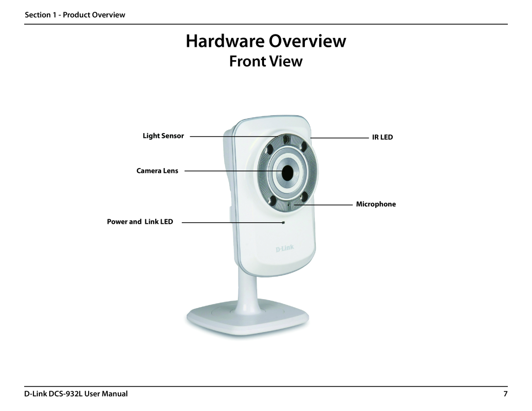 LG Electronics Hardware Overview, Front View, Product Overview, D-Link DCS-932L User Manual, Light Sensor, Ir Led 