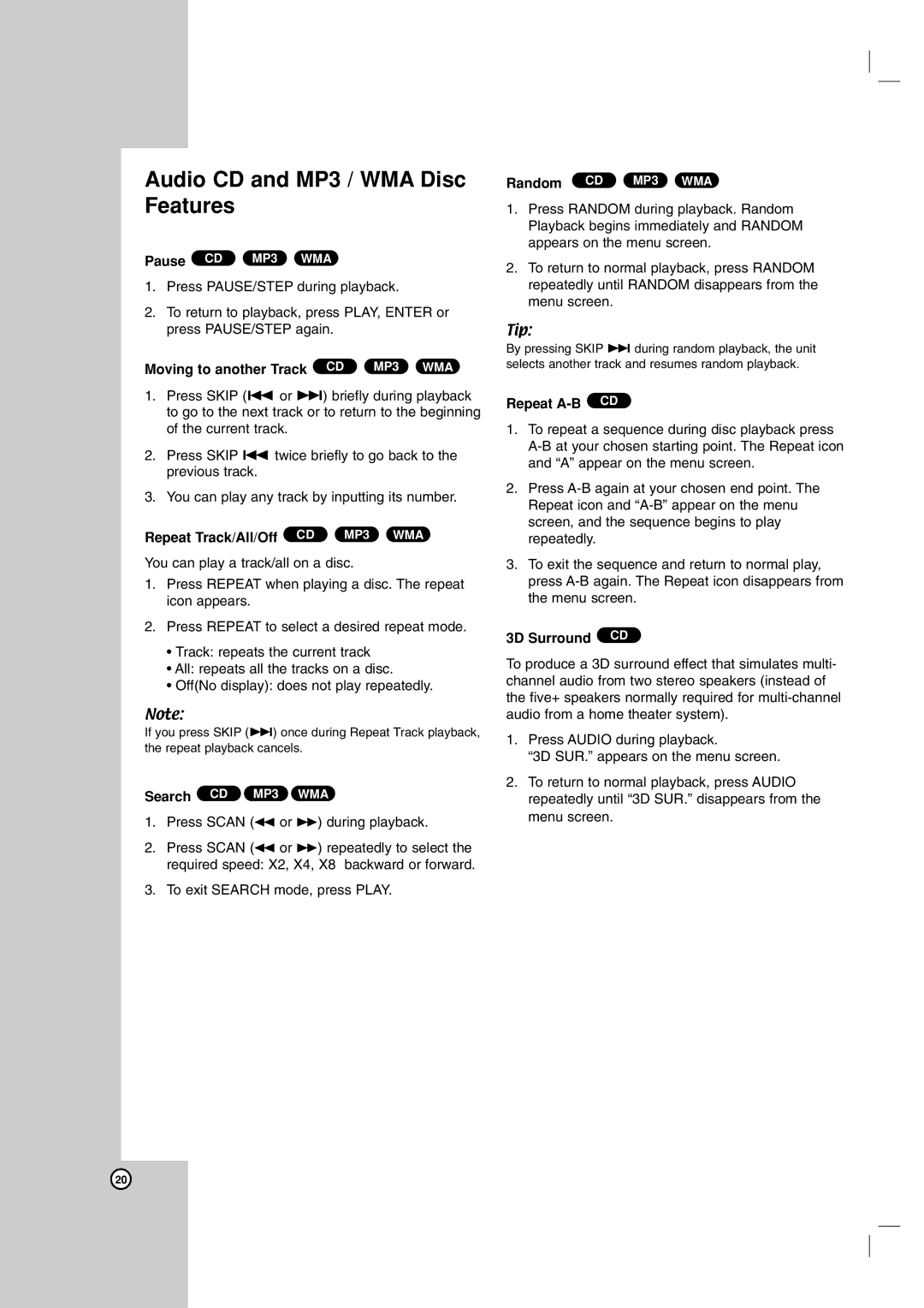 LG Electronics DGK585XB, DGK588XB Audio CD and MP3 / WMA Disc Features, Moving to another Track CD MP3 WMA, Repeat A-B CD 