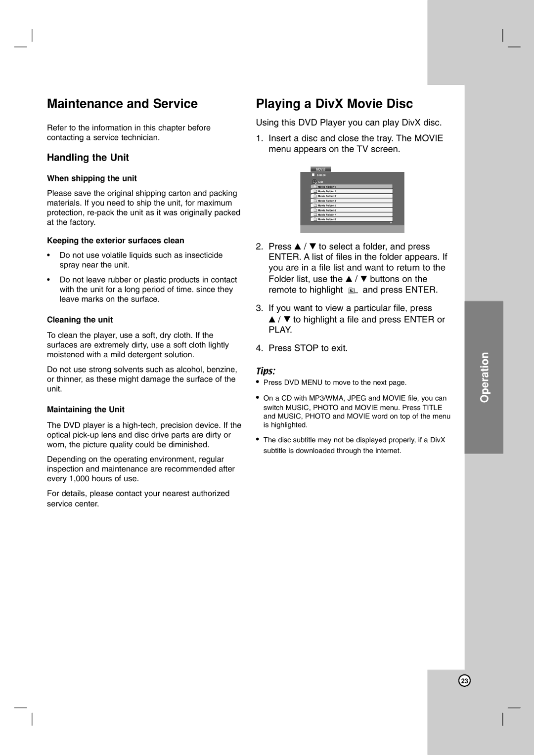 LG Electronics DGK588XB, DGK585XB owner manual Maintenance and Service, Playing a DivX Movie Disc, Handling the Unit 