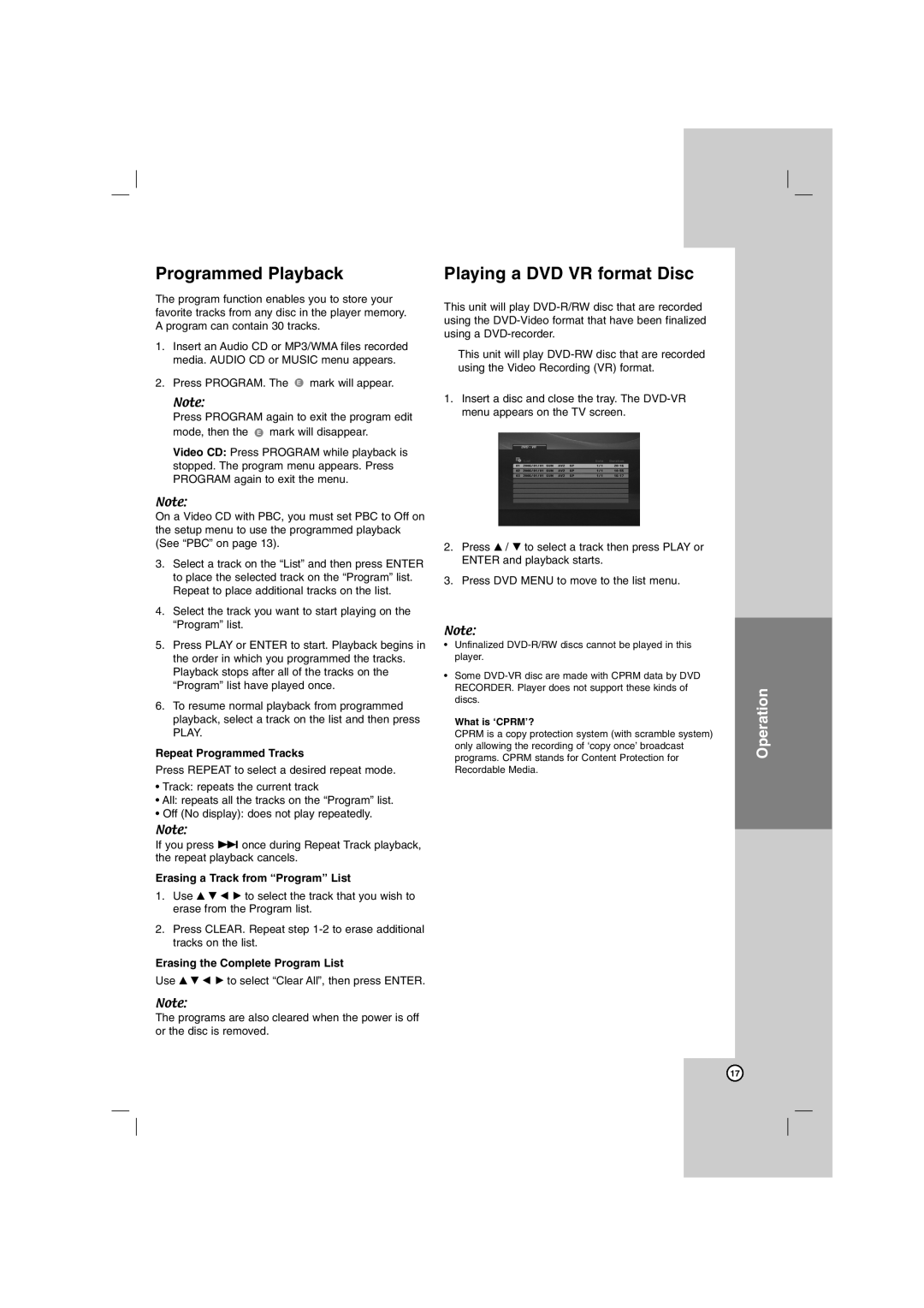 LG Electronics DGK774, DGK775 owner manual Programmed Playback, Playing a DVD VR format Disc, Repeat Programmed Tracks 