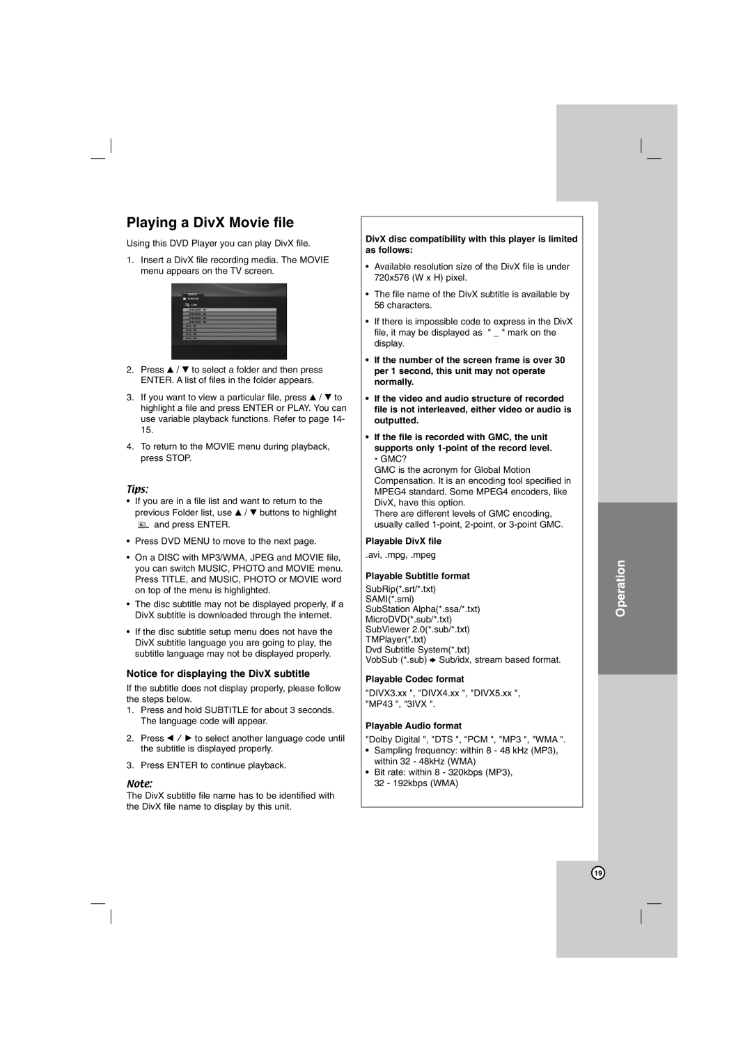 LG Electronics DGK774 Playing a DivX Movie file, Playable DivX file, Playable Subtitle format, Playable Codec format 